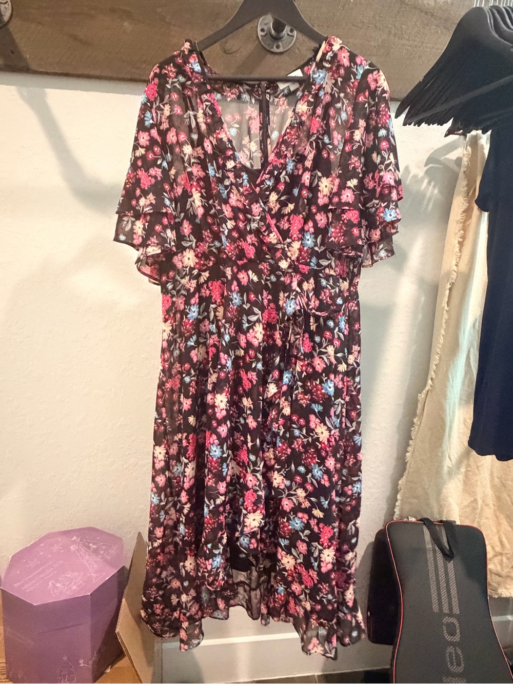 Calvin Klein Black Floral Wrap-Style Midi Dress with Pink & Blue Blooms